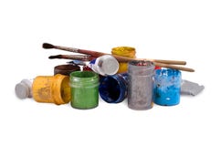 Two paintbrushes. Gouache color in containers stock photo Two paintbrushes. Gouache color in containers stock photo