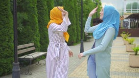 Two positive Muslim young women dancing in the park close up stock video Two positive Muslim young women dancing in the park close up stock video
