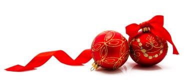 Two red christmas balls with ribbon isolated on a white stock photos Two red christmas balls with ribbon isolated on a white stock photos