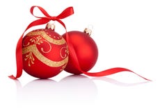 Two Red christmas decoration balls with ribbon bow stock image Two Red christmas decoration balls with ribbon bow stock image