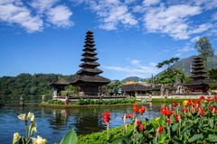 Two spires of the floating Pura Ulun Danu, a Hindu temple on Lake Bratan, Bedugul, Bali, Indonesia royalty free stock photography Two spires of the floating Pura Ulun Danu, a Hindu temple on Lake Bratan, Bedugul, Bali, Indonesia royalty free stock photography