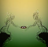Two spring tree silhouettes looks like man and woman and holding the nest with white pigeeons, family concept, stock illustration Two spring tree silhouettes looks like man and woman and holding the nest with white pigeeons, family concept, stock illustration