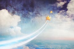 Two stars flying above the clouds, up into space. Dream together, relationships and dreams, a conceptual image