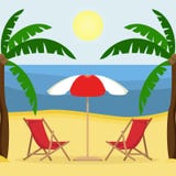 Two sunbeds with sun umbrella on the sandy beach with palm trees royalty free illustration Two sunbeds with sun umbrella on the sandy beach with palm trees royalty free illustration
