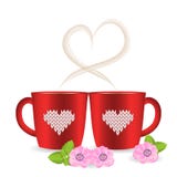 Two tea or coffee cups with heart shaped steam and knitted patte stock illustration Two tea or coffee cups with heart shaped steam and knitted patte stock illustration