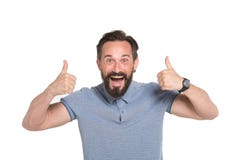 Two Thumbs up by both hands. Emotional man with two thumbs up isolated on white background. Excited bearded guy happy face emotion