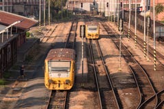 Two trains in a train station of very old industrial part of the town Zlin, Czech Republic royalty free stock images Two trains in a train station of very old industrial part of the town Zlin, Czech Republic royalty free stock images