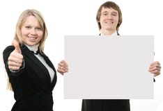 Two Young People Holding A White Sign Stock Photography