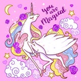 Ty jesteś magicznym Pięknym białym jednorożec na różowym tle wektor royalty ilustracja Ty jesteś magicznym Pięknym białym jednorożec na różowym tle wektor royalty ilustracja