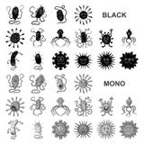 Types d'icônes noires de microbes drôles dans la collection d'ensemble pour la conception Web pathogène d'actions de symbole de v illustration stock Types d'icônes noires de microbes drôles dans la collection d'ensemble pour la conception Web pathogène d'actions de symbole de v illustration stock