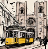 Typisk spårväg i Lissabon nära Se-domkyrka stock illustrationer Typisk spårväg i Lissabon nära Se-domkyrka stock illustrationer