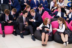 Tyumen, Russia, 10.11.2018. Forum of innovative technologies. Communication scientists, politicians and businessmen. Pupils and royalty free stock photography Tyumen, Russia, 10.11.2018. Forum of innovative technologies. Communication scientists, politicians and businessmen. Pupils and royalty free stock photography