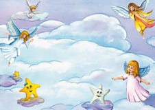 Tło z ślicznymi latającymi aniołami, gra główna rolę i chmurnieje Karty lub zaproszenia szablon royalty ilustracja Tło z ślicznymi latającymi aniołami, gra główna rolę i chmurnieje Karty lub zaproszenia szablon royalty ilustracja