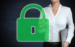 U-Verschlussmit berührungseingabe bildschirm wird von der Geschäftsfrau gezeigt lizenzfreie stockbilder U-Verschlussmit berührungseingabe bildschirm wird von der Geschäftsfrau gezeigt lizenzfreie stockbilder
