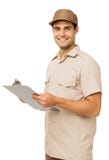 Ufny Deliveryman mienia schowek zdjęcia stock Ufny Deliveryman mienia schowek zdjęcia stock