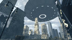 UFO d'étranger au-dessus de Time Square apocalyptique New York Manhattan rendu 3d illustration libre de droits UFO d'étranger au-dessus de Time Square apocalyptique New York Manhattan rendu 3d illustration libre de droits