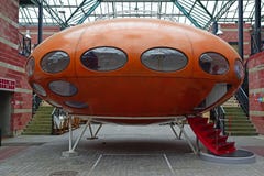 The UFO like design of Futuro House, futuristic architecture inspired by space conquest, at Marche Dauphine Market, Paris, France