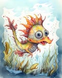 Ugly but cute cartoon sea monster, water color childrens illustration in bright colors