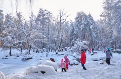 UKRAINE - CHERKASY JANUARY 20, 2018 People playing in winter park. Seasonal joy and recreation. stock photography UKRAINE - CHERKASY JANUARY 20, 2018 People playing in winter park. Seasonal joy and recreation. stock photography
