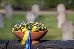 Ukraine war: flower bowl in memory of fallen soldiers with pansies in Ukrainian colors and blue and yellow ribbon on a cemetery.