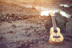 Ukulele na skalistej zmielonej Miękkiej ostrości adrze i rocznik tonujemy fotografia stock Ukulele na skalistej zmielonej Miękkiej ostrości adrze i rocznik tonujemy fotografia stock