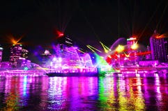 Ultra violet lights show lighting up Brisbane city at night time