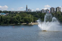 Ulyanovsk, Russia - August 10, 2018: Landscape with a nice fountain and the view to high-rise residential buildings stock photos Ulyanovsk, Russia - August 10, 2018: Landscape with a nice fountain and the view to high-rise residential buildings stock photos