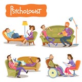 Um grupo de ilustrações que dos desenhos animados do vetor o paciente está falando com um psychotherapist, ilustração do vetor Um grupo de ilustrações que dos desenhos animados do vetor o paciente está falando com um psychotherapist, ilustração do vetor