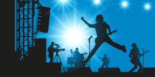 Um grupo de rock no concerto faz a mostra na frente de sua audiência ilustração royalty free Um grupo de rock no concerto faz a mostra na frente de sua audiência ilustração royalty free