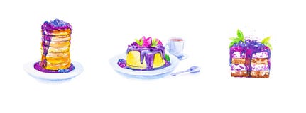 Um grupo de sobremesas dos bolos e de um peda?o de bolo com os mirtilos em placas, de ch? em uma caneca e de uma colher Ilustra?? ilustração royalty free Um grupo de sobremesas dos bolos e de um peda?o de bolo com os mirtilos em placas, de ch? em uma caneca e de uma colher Ilustra?? ilustração royalty free