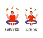 Um homem com uma refeição saudável e um homem com uma comida lixo ilustração royalty free Um homem com uma refeição saudável e um homem com uma comida lixo ilustração royalty free