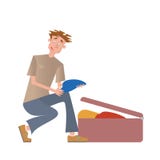 Um homem novo põe coisas em uma mala de viagem Ilustração do vetor, isolada no branco ilustração royalty free Um homem novo põe coisas em uma mala de viagem Ilustração do vetor, isolada no branco ilustração royalty free