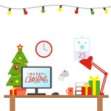 Um local de trabalho decorado Natal do escritório Tabela com computador, presentes, árvore de Natal Espaço de trabalho do escritó ilustração royalty free Um local de trabalho decorado Natal do escritório Tabela com computador, presentes, árvore de Natal Espaço de trabalho do escritó ilustração royalty free