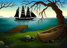 Um navio preto no mar através do barco sob a árvore ilustração stock Um navio preto no mar através do barco sob a árvore ilustração stock