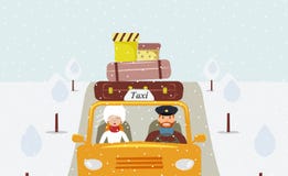 Um taxista em um tampão uniforme que conduz um táxi amarelo e um passageiro bonito da jovem mulher em um chapéu forrado a pele e ilustração stock Um taxista em um tampão uniforme que conduz um táxi amarelo e um passageiro bonito da jovem mulher em um chapéu forrado a pele e ilustração stock