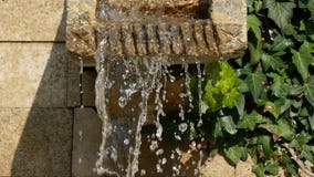 Uma cachoeira artificial pequena nas rochas no parque, água corrente constante, gotejando para baixo, lentamente video estoque Uma cachoeira artificial pequena nas rochas no parque, água corrente constante, gotejando para baixo, lentamente video estoque