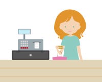 Uma jovem mulher está comprando em uma loja e está pagando com um ouro p ilustração do vetor Uma jovem mulher está comprando em uma loja e está pagando com um ouro p ilustração do vetor