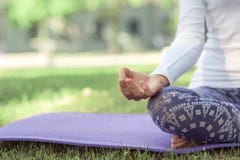 Uma menina calma em uma posição de lótus Uma senhora que faz a ioga em um fundo natural Asanas praticando de uma mulher Conceito foto de stock Uma menina calma em uma posição de lótus Uma senhora que faz a ioga em um fundo natural Asanas praticando de uma mulher Conceito foto de stock