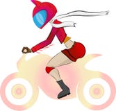 Uma menina, um motociclista em um revestimento vermelho e shertas, vestindo um capacete com orelhas, e vestindo um lenço branco ilustração stock Uma menina, um motociclista em um revestimento vermelho e shertas, vestindo um capacete com orelhas, e vestindo um lenço branco ilustração stock
