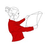 Uma mulher de negócio em um revestimento vermelho olha o original, desenhos, esboços ilustração royalty free Uma mulher de negócio em um revestimento vermelho olha o original, desenhos, esboços ilustração royalty free