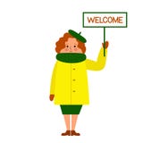 Uma mulher em um revestimento que guarda um sinal que diga ‘a boa vinda ` ilustração stock Uma mulher em um revestimento que guarda um sinal que diga ‘a boa vinda ` ilustração stock