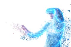Uma pessoa em vidros virtuais voa aos pixéis Conceito futuro da tecnologia fotografia de stock Uma pessoa em vidros virtuais voa aos pixéis Conceito futuro da tecnologia fotografia de stock