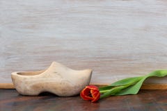 Uma sapata de madeira holandesa e uma tulipa vermelha fotografia de stock Uma sapata de madeira holandesa e uma tulipa vermelha fotografia de stock