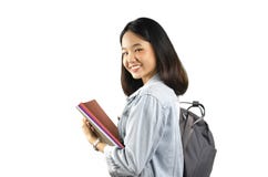 Uma senhora nova asiática do estudante com o fundo branco foto de stock Uma senhora nova asiática do estudante com o fundo branco foto de stock