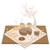Uma tabela festiva com velas e um bolo de chocolate Chá ou café quente, doces, queques - um deleite excelente para cada gosto ilustração royalty free Uma tabela festiva com velas e um bolo de chocolate Chá ou café quente, doces, queques - um deleite excelente para cada gosto ilustração royalty free