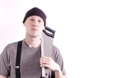 Un carpentiere con la a ha ispezionato la spalla fotografie stock Un carpentiere con la a ha ispezionato la spalla fotografie stock