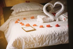 Un colpo con la messa a fuoco dello specchio sulla struttura bianca della foto sul letto con i pavoni e le rose rosse dell'asciug fotografia stock Un colpo con la messa a fuoco dello specchio sulla struttura bianca della foto sul letto con i pavoni e le rose rosse dell'asciug fotografia stock
