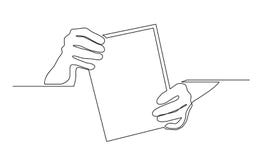 Un disegno a tratteggio continuo di due mani che tengono foglio bianco di carta illustrazione di stock Un disegno a tratteggio continuo di due mani che tengono foglio bianco di carta illustrazione di stock