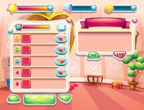 Un ejemplo de una de las pantallas del juego de ordenador con una princesa del dormitorio del fondo del cargamento, una interfaz ilustración del vector Un ejemplo de una de las pantallas del juego de ordenador con una princesa del dormitorio del fondo del cargamento, una interfaz ilustración del vector