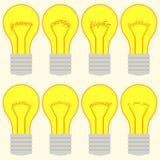 Un ensemble d'ampoules avec des mots sur le filament illustration de vecteur Un ensemble d'ampoules avec des mots sur le filament illustration de vecteur